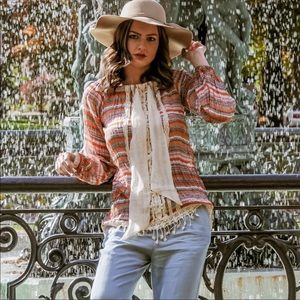 RYU HANDCRAFTED CROCHET LACE TRIMMED LONG SLEEVE TOP BOW TIE DETAIL SIZE L